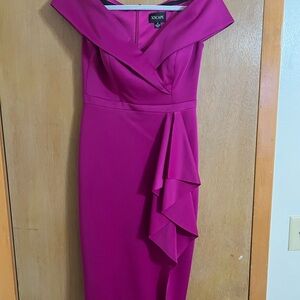 Xscape Magenta Off-Shoulder Ruffle Sheath Midi Dress